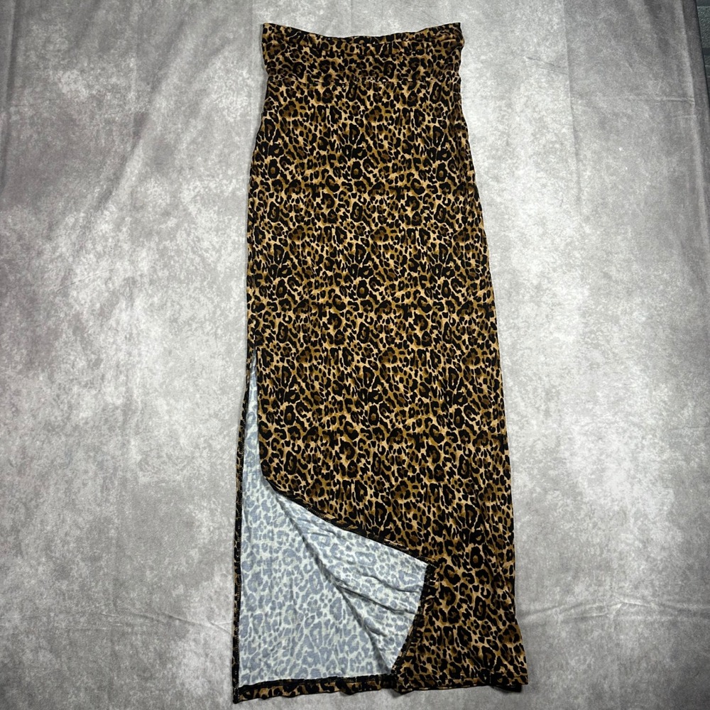 No Boundaries Cheetah Print Maxi Skirt XS Brown Side Slit Stretch Knit Y2K Indie
